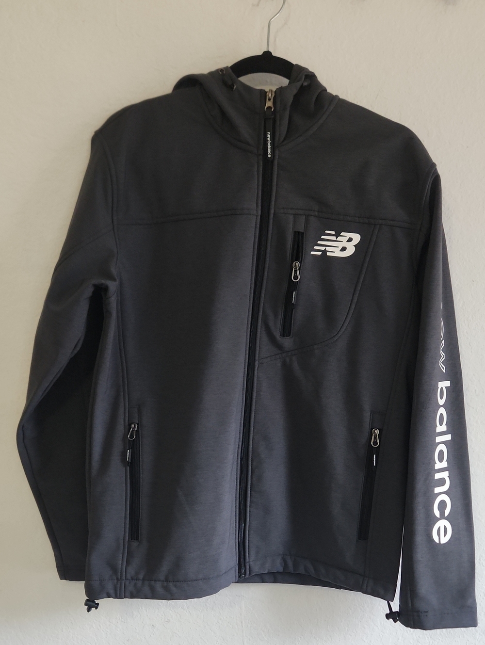 New Balance Black Fleece Lined Softshell Hooded Jacket Sleeve Logo S